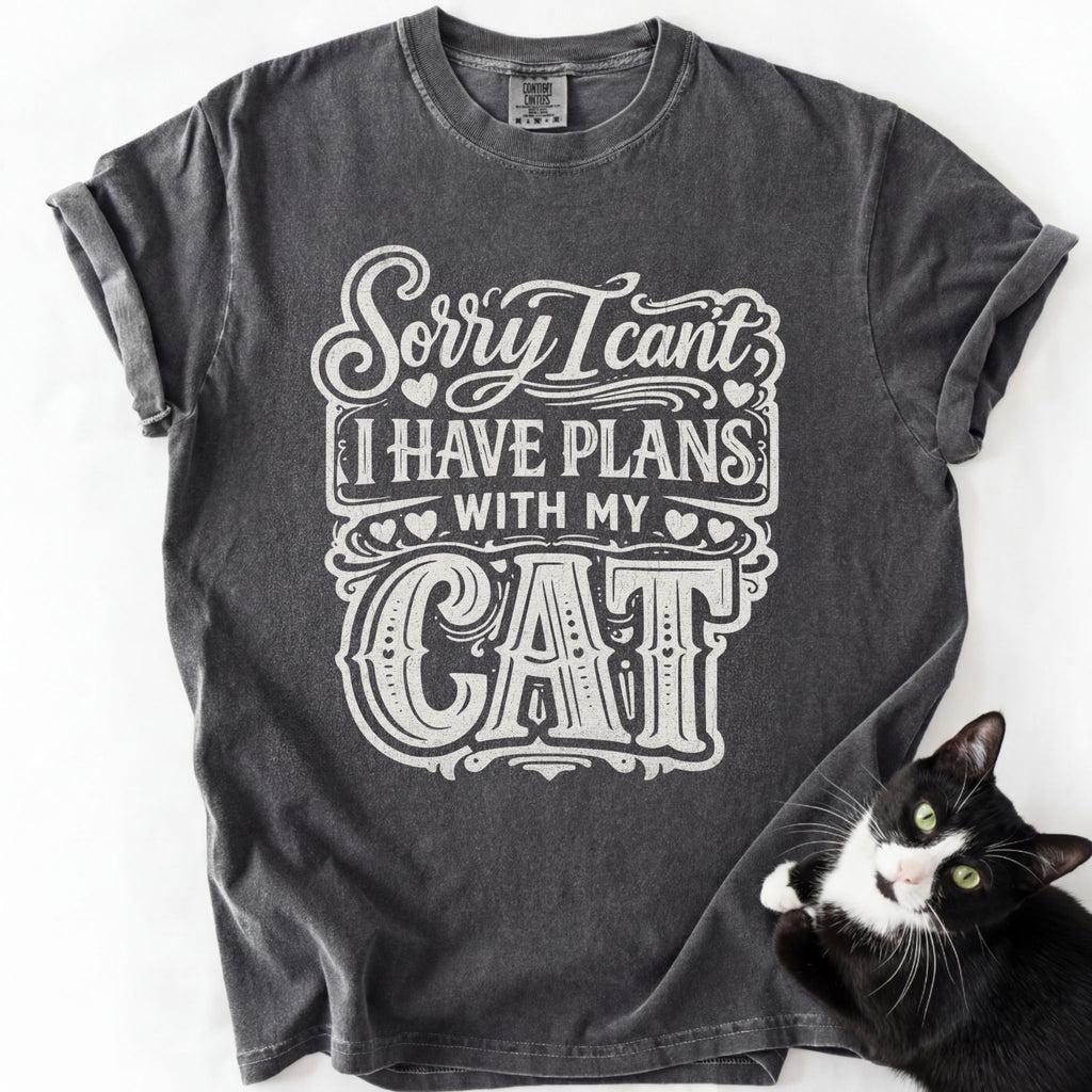 Dark gray cat lover shirt with "Plans With My Cat" graphic and cat image — garment-dyed