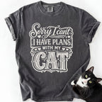 Dark gray cat lover shirt with "Plans With My Cat" graphic and cat image — garment-dyed