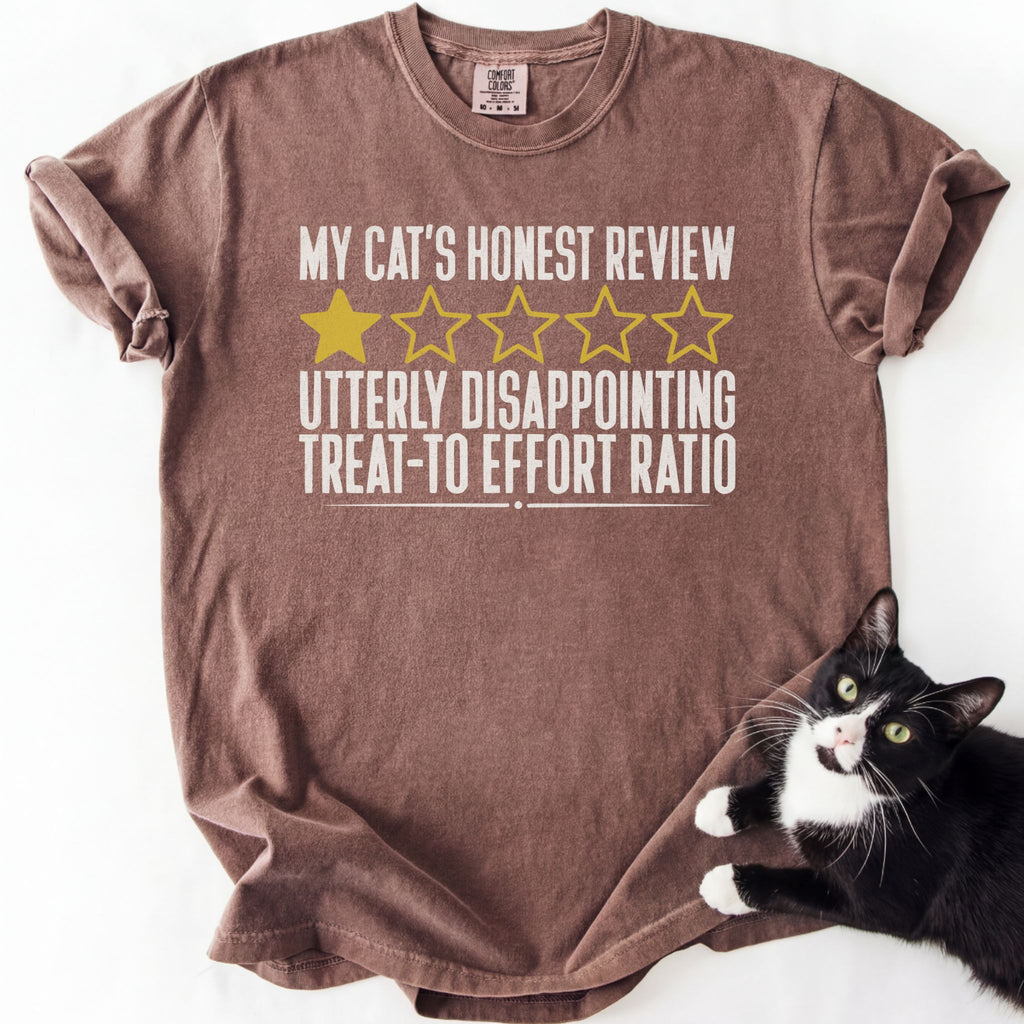 Brown garment-dyed cat humor shirt with deadpan cat review and "Utterly Disappointing" quote