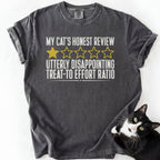 Dark gray soft-washed graphic cat tee with "Utterly Disappointing" humorous cat review design