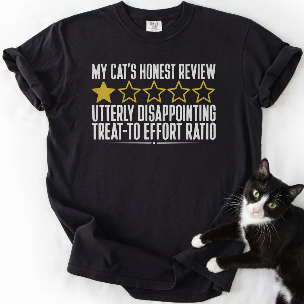 Black funny cat t-shirt with "Utterly Disappointing" cat review graphic and star rating