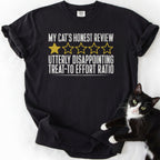 Black funny cat t-shirt with "Utterly Disappointing" cat review graphic and star rating