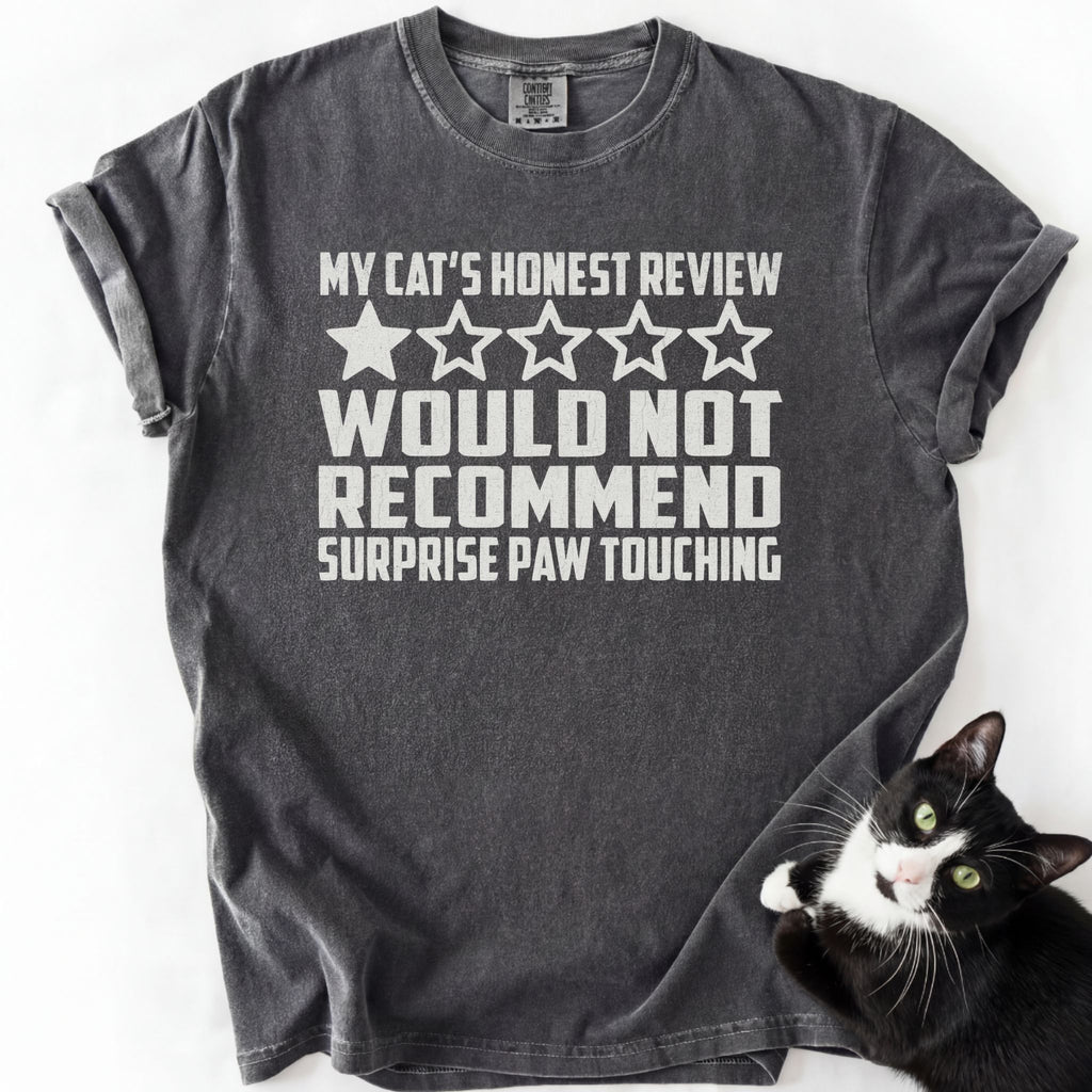 Dark gray garment-dyed cat humor shirt with "Would Not Recommend" cat review graphic and photo