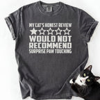 Dark gray garment-dyed cat humor shirt with "Would Not Recommend" cat review graphic and photo