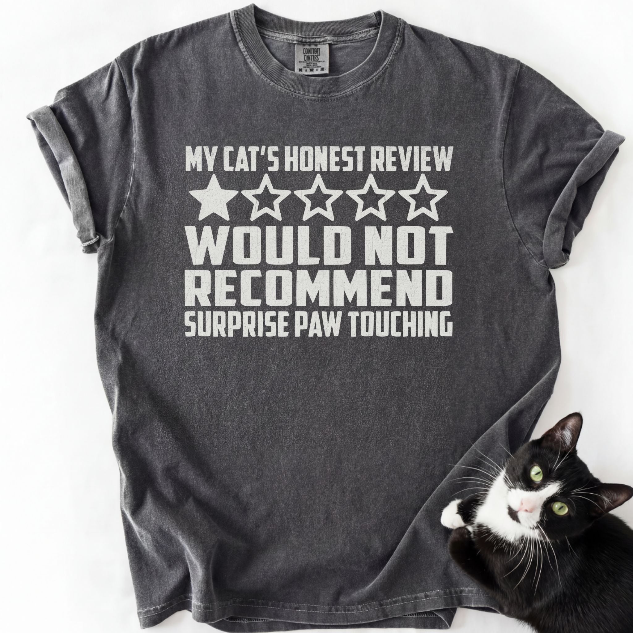 Dark gray garment-dyed cat humor shirt with "Would Not Recommend" cat review graphic and photo