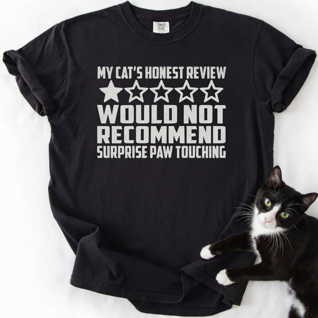 Black funny cat t-shirt with "Would Not Recommend" cat review text and cat photo