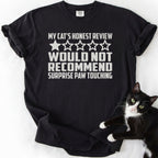 Black funny cat t-shirt with "Would Not Recommend" cat review text and cat photo
