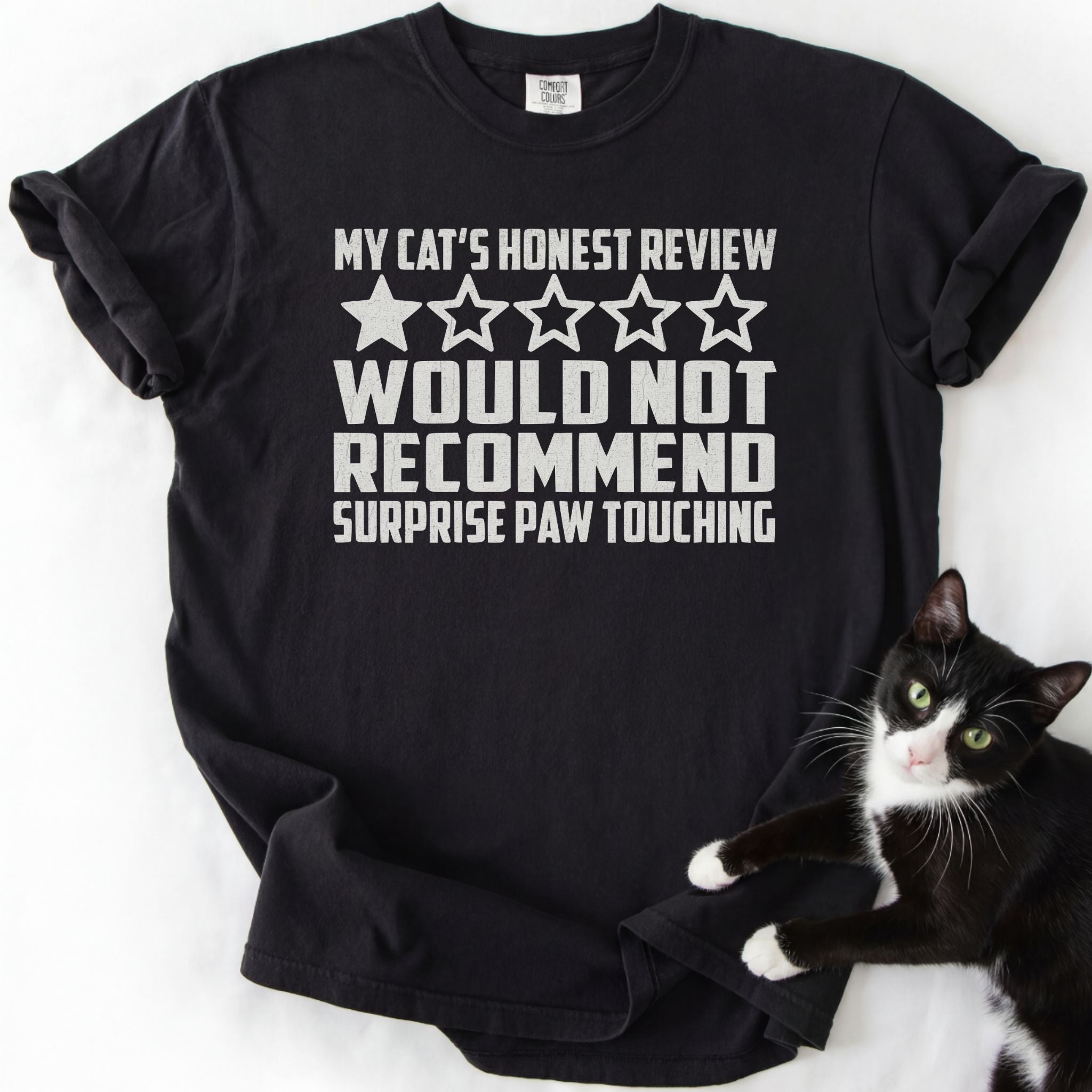 Black funny cat t-shirt with "Would Not Recommend" cat review text and cat photo