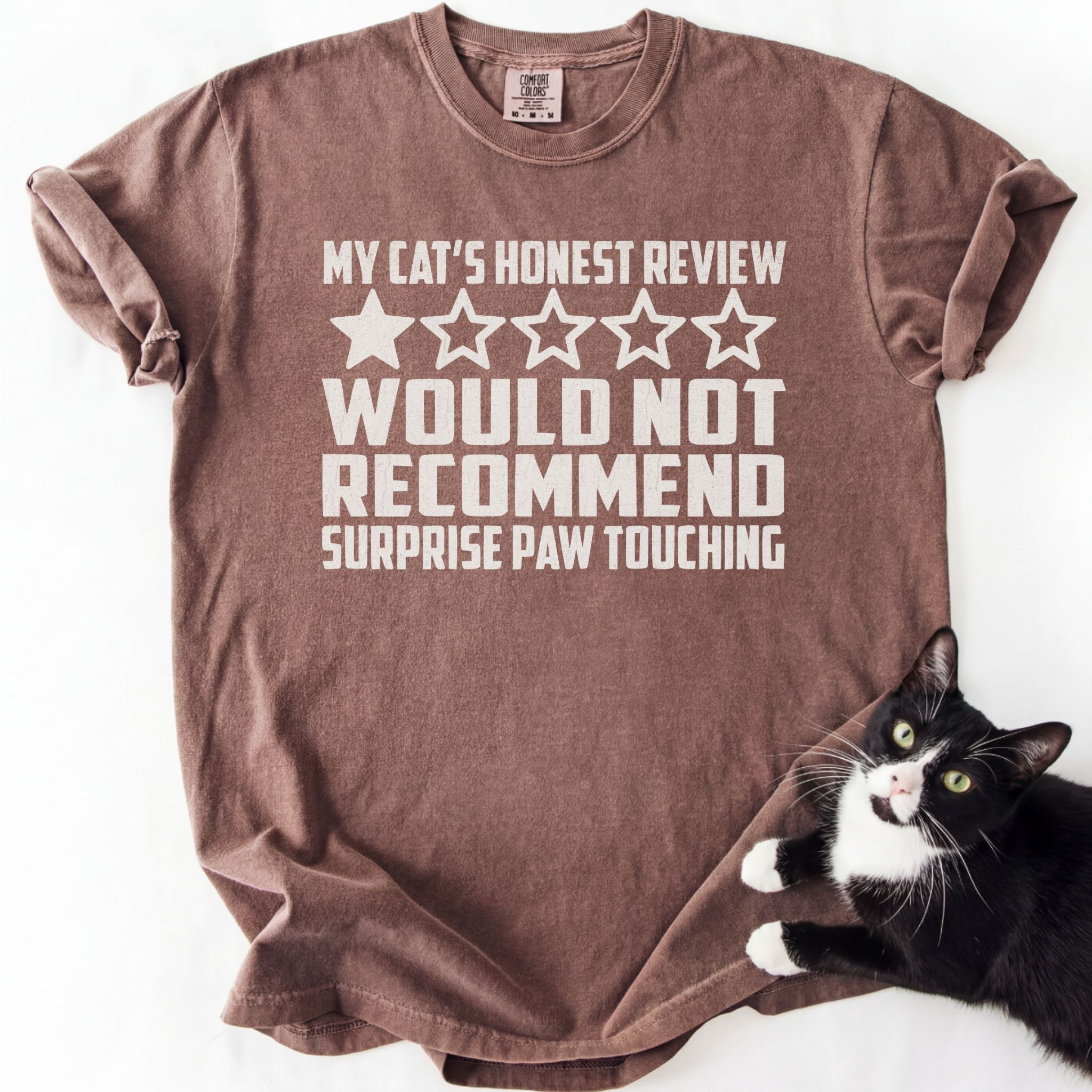 Brown soft-washed cat owner tee with humorous "Would Not Recommend" cat review design