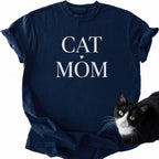 Navy blue cat mom graphic tee with "Cat Mom" white text and heart — soft-washed