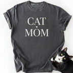 Dark gray cat mom shirt with "Cat Mom" serif font and heart detail — Comfort Colors
