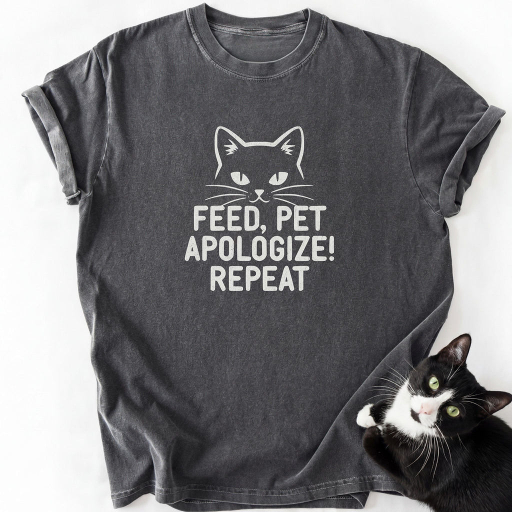 Dark gray cat dad t-shirt featuring 'Feed Pet Apologize' slogan and feline design
