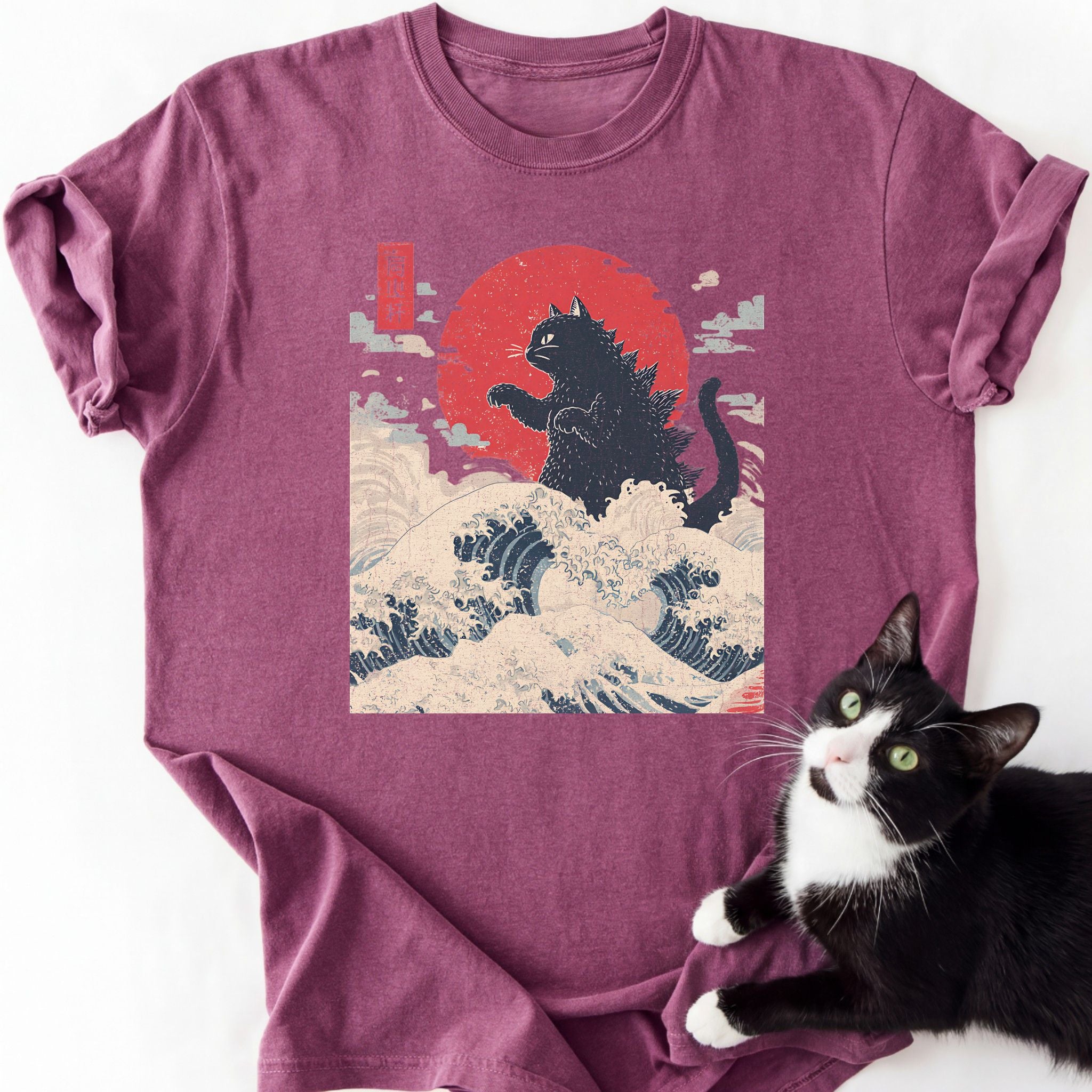 Maroon Giant Cat Japanese Wave T-Shirt with black cat on ocean waves and red sun graphic