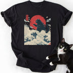 Black Giant Cat Japanese Wave T-Shirt showing black cat standing on blue ocean waves