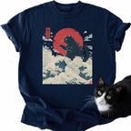 Navy blue Giant Cat Japanese Wave T-Shirt featuring black cat on stylized waves design