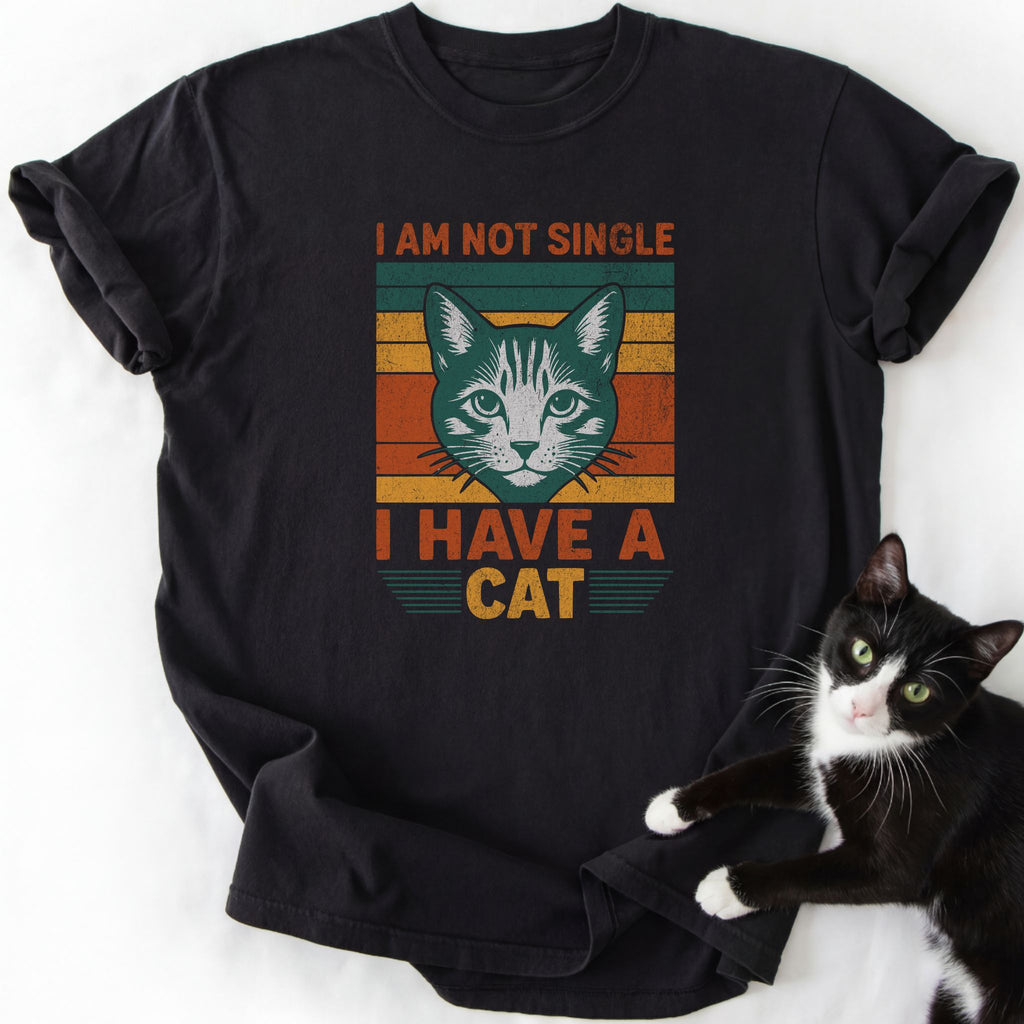Black I Am Not Single cat graphic tee with orange stripes and text