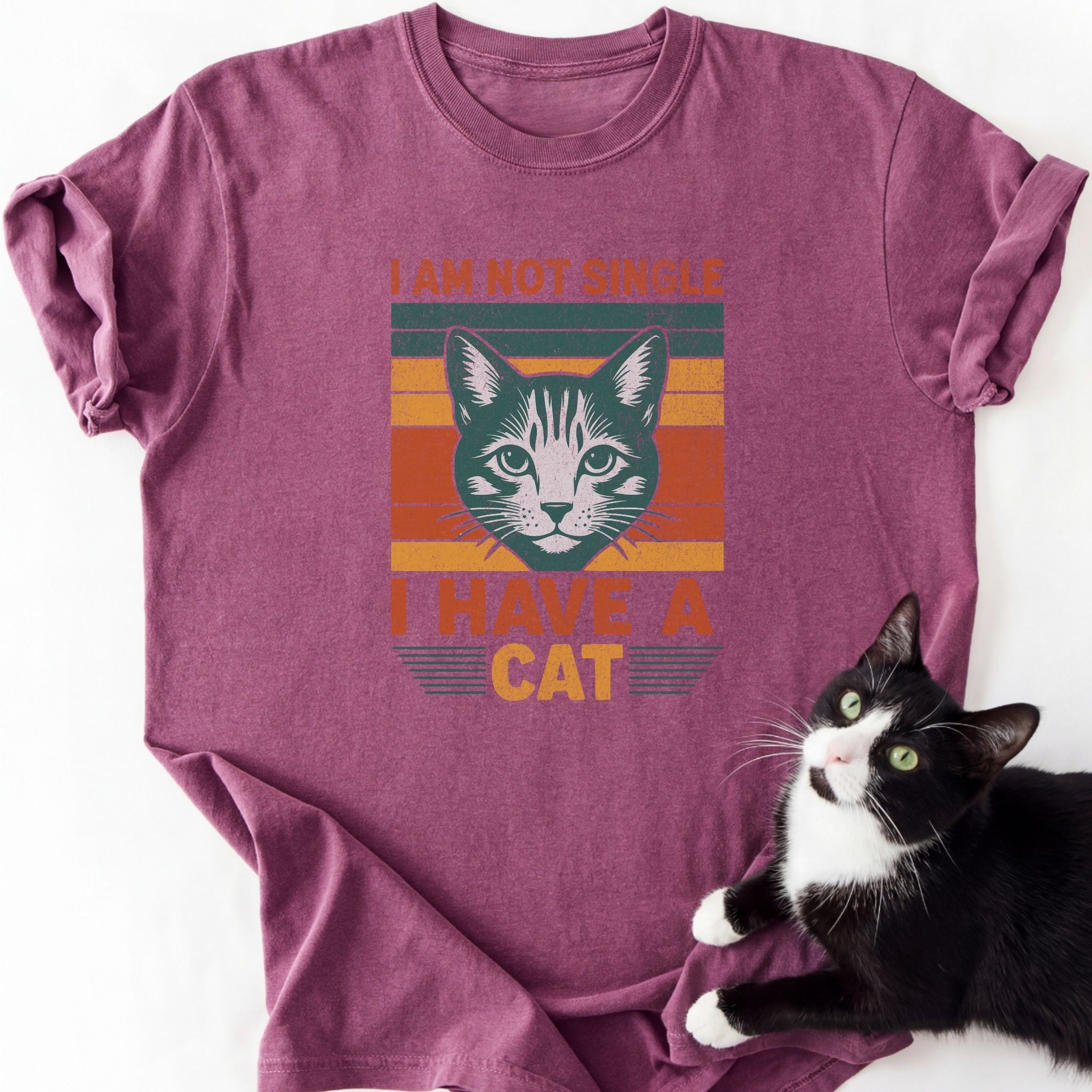 Magenta heathered relaxed fit cat lover shirt with striped graphic