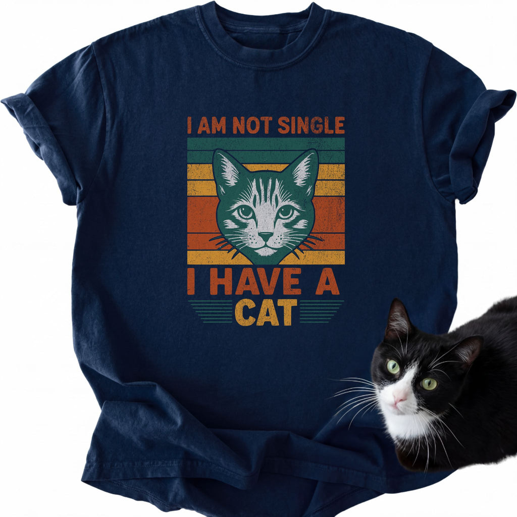 Navy blue crew neck t-shirt featuring I Am Not Single cat print