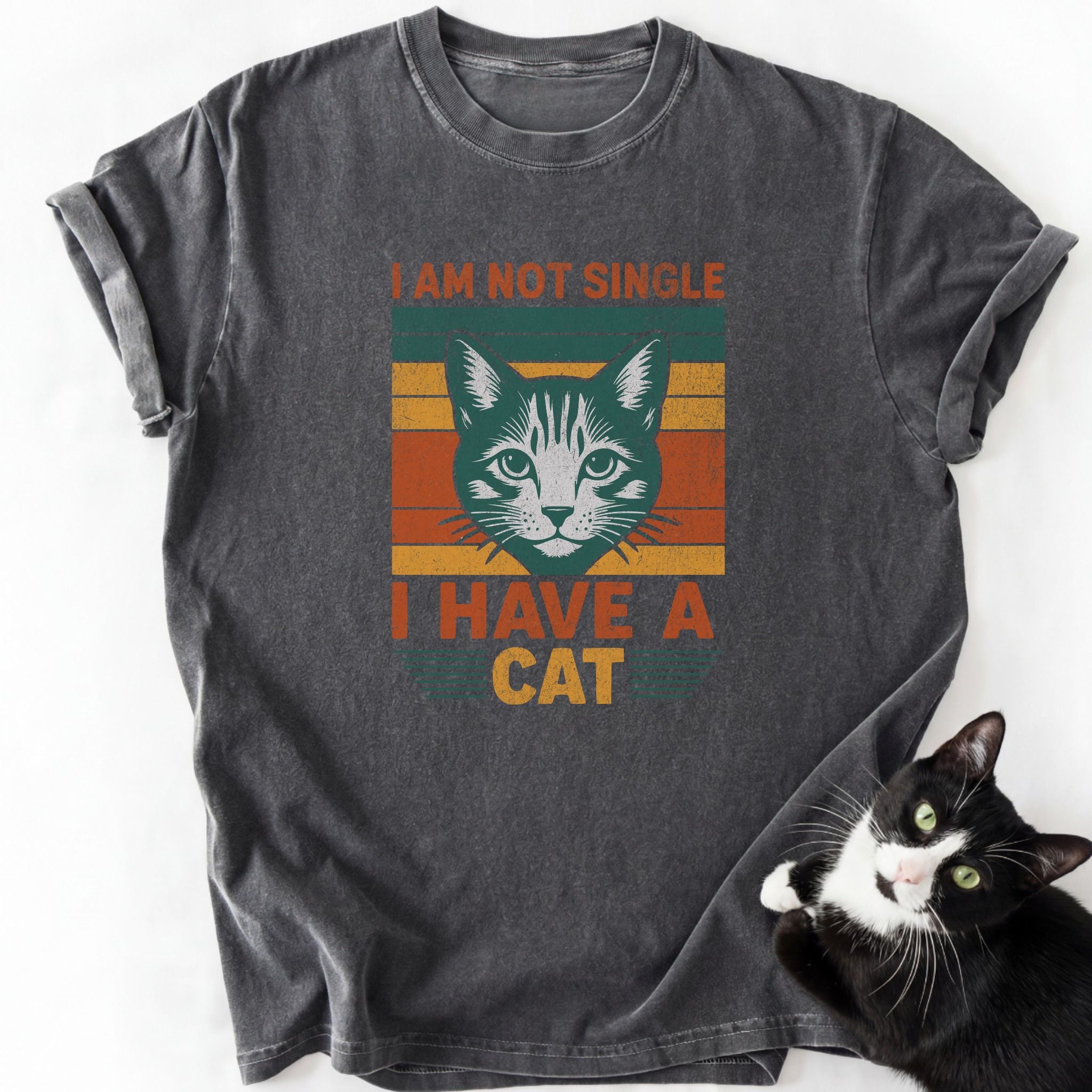 Dark gray heathered I Have A Cat t-shirt with green cat head design