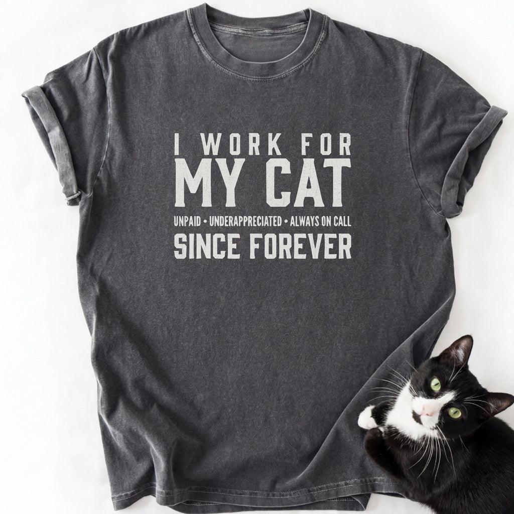 Dark gray heathered I Work For My Cat graphic tee with cat and funny quote