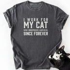 Dark gray heathered I Work For My Cat graphic tee with cat and funny quote