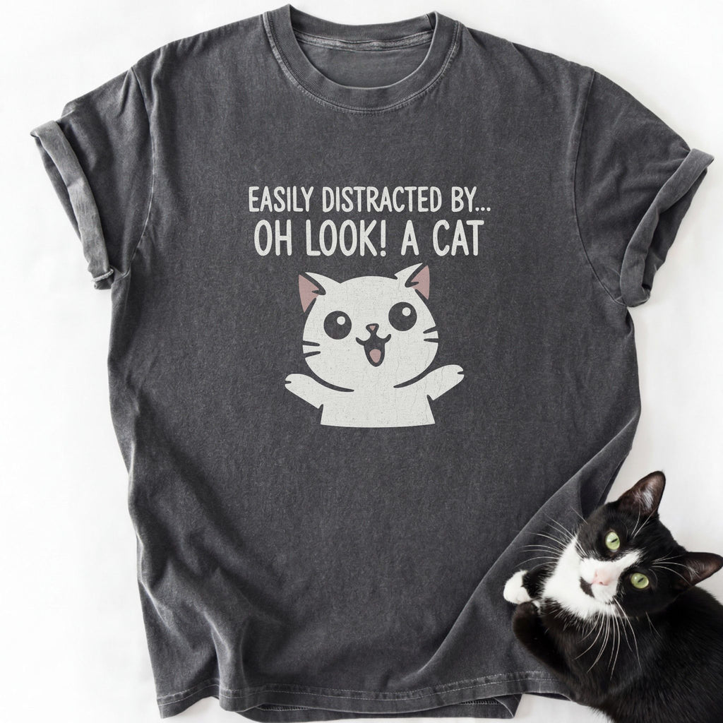 Dark gray Oh Look Cat graphic tee with 'Easily Distracted' text and cartoon cat design
