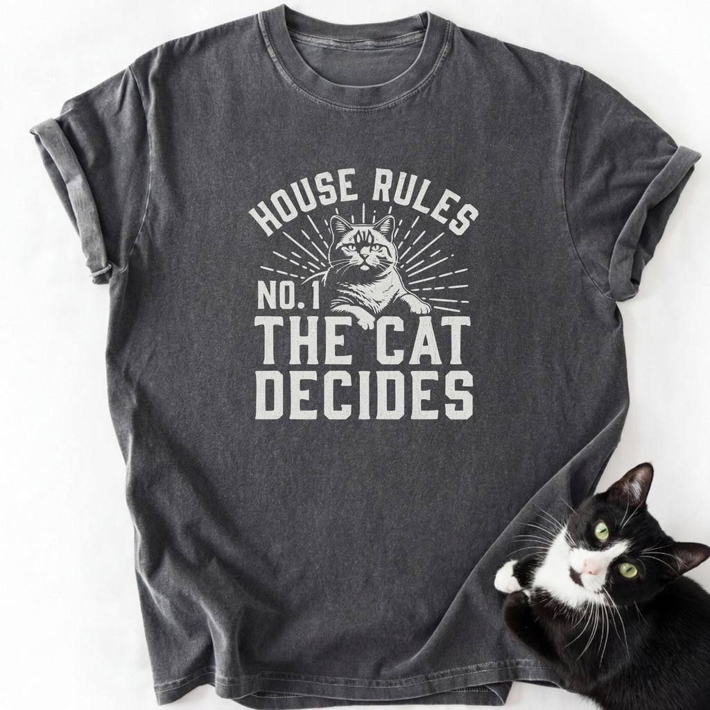 Charcoal gray garment-dyed cotton t-shirt featuring cat House Rules design