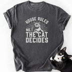 Charcoal gray garment-dyed cotton t-shirt featuring cat House Rules design