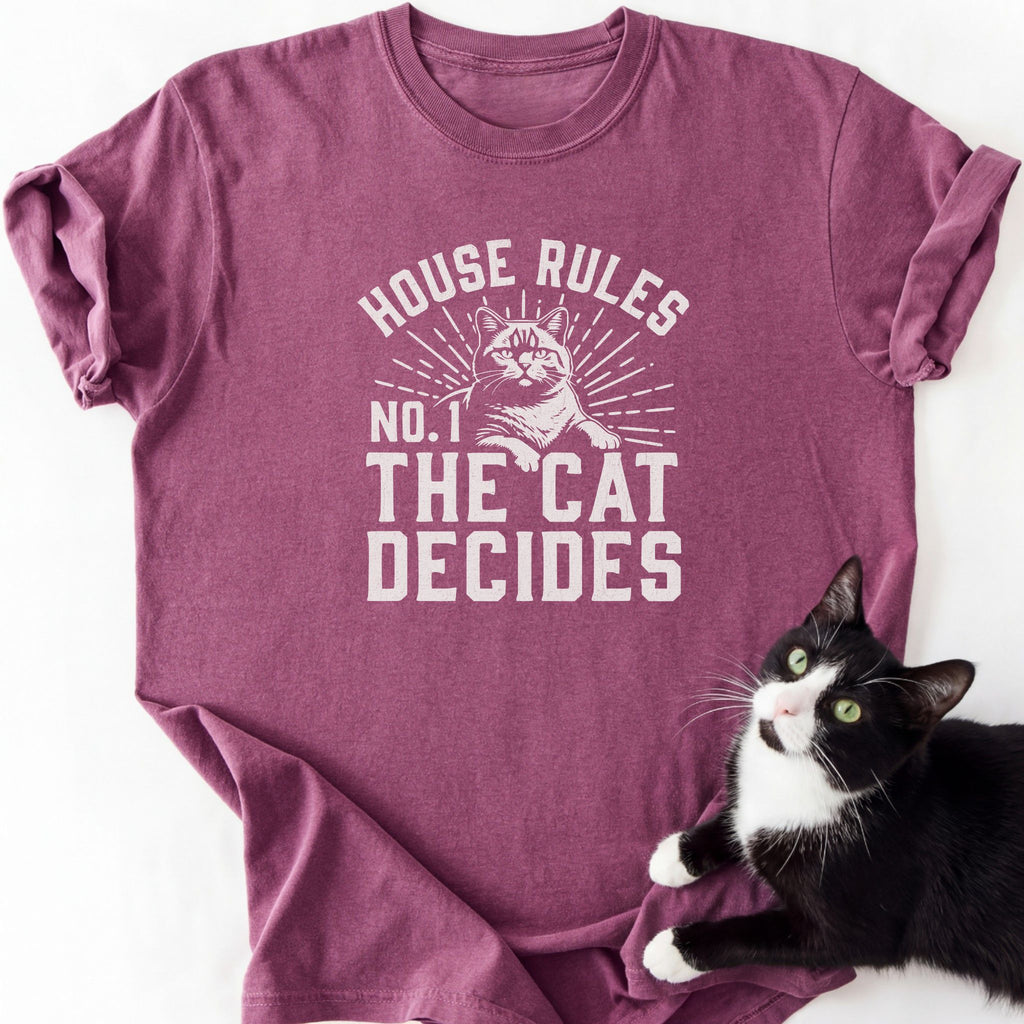 Maroon heathered cotton crew neck tee with cat House Rules artwork