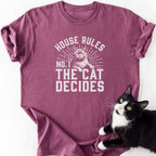 Maroon heathered cotton crew neck tee with cat House Rules artwork