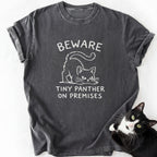 Dark gray heathered cotton tee with arched tail cat design and humorous warning text