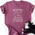 Maroon garment-dyed t-shirt with crouching cat graphic and 'Beware Tiny Panther' text