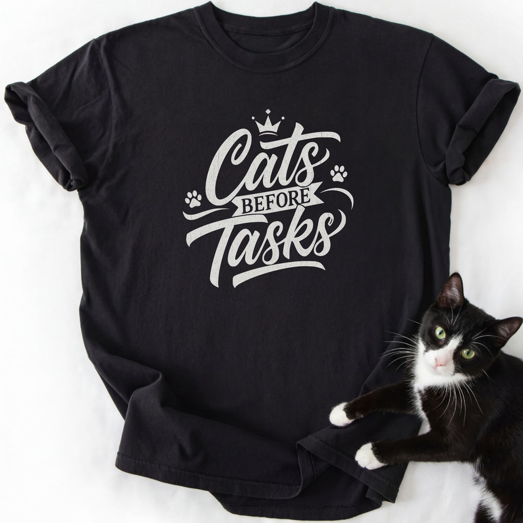 Black Cats Before Tasks graphic tee featuring cursive text and paw prints