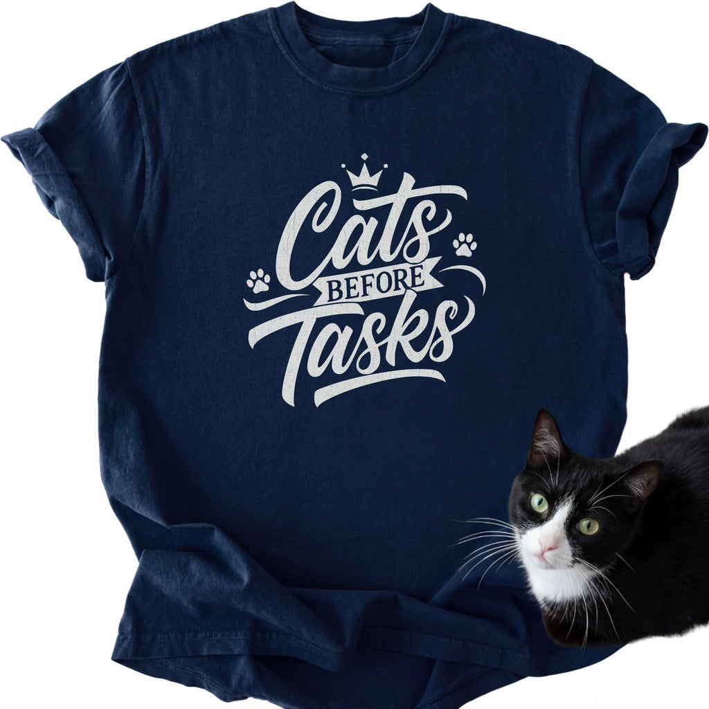 Navy blue Cats Before Tasks graphic t-shirt for cat lovers with crown detail