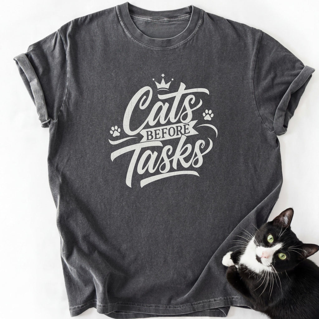 Dark gray heathered Cats Before Tasks short sleeve shirt with white print