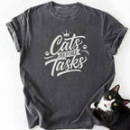 Dark gray heathered Cats Before Tasks short sleeve shirt with white print