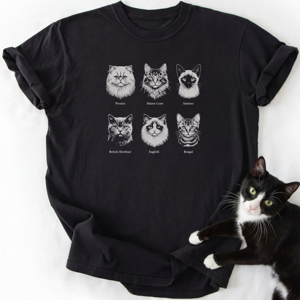 Black vintage wash t-shirt featuring six white line-art cat breeds for cat lovers