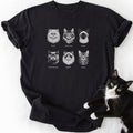 Black vintage wash t-shirt featuring six white line-art cat breeds for cat lovers