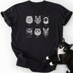 Black vintage wash t-shirt featuring six white line-art cat breeds for cat lovers