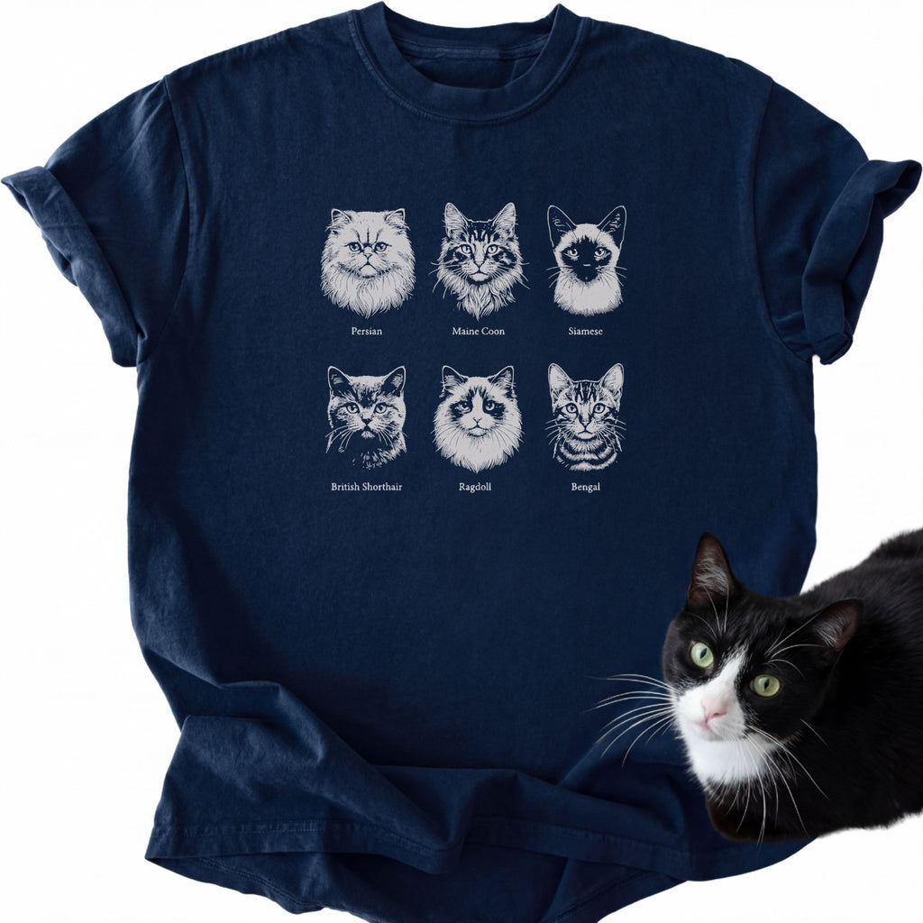 Navy blue garment-dyed t-shirt with antique cat breed reference design and crew neck