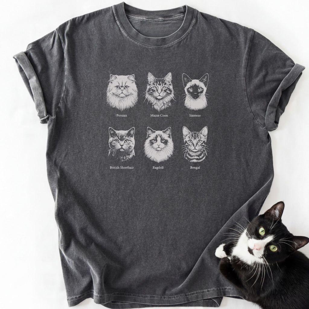 Dark gray faded cotton tee with six labeled cat head graphics for feline enthusiasts