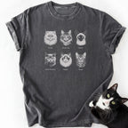 Dark gray faded cotton tee with six labeled cat head graphics for feline enthusiasts