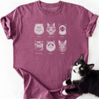 Maroon heathered cat breed reference graphic tee with Persian Maine Coon Siamese illustrations