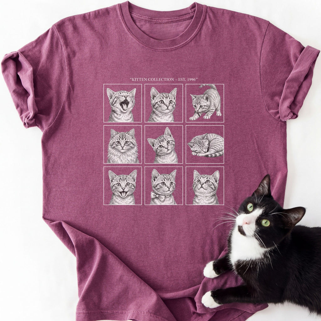 Muted maroon heathered Kitten Collection 1996 Grid T-Shirt with cat