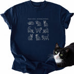 Victorian Kitten Study Sheet T-Shirt navy blue with nine kittens graphic and Felis Catus text