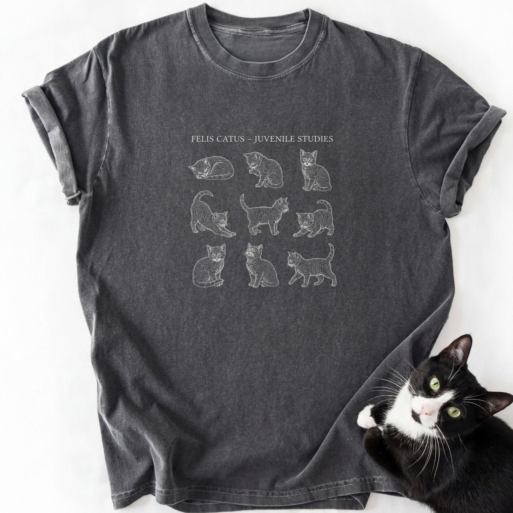 Victorian Kitten Study Sheet T-Shirt dark gray featuring nine kitten line art and study title