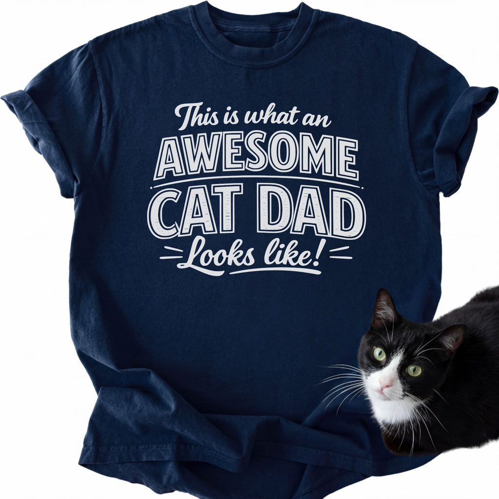 Navy blue cat dad graphic tee with 'Awesome Cat Dad' text
