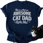 Navy blue cat dad graphic tee with 'Awesome Cat Dad' text