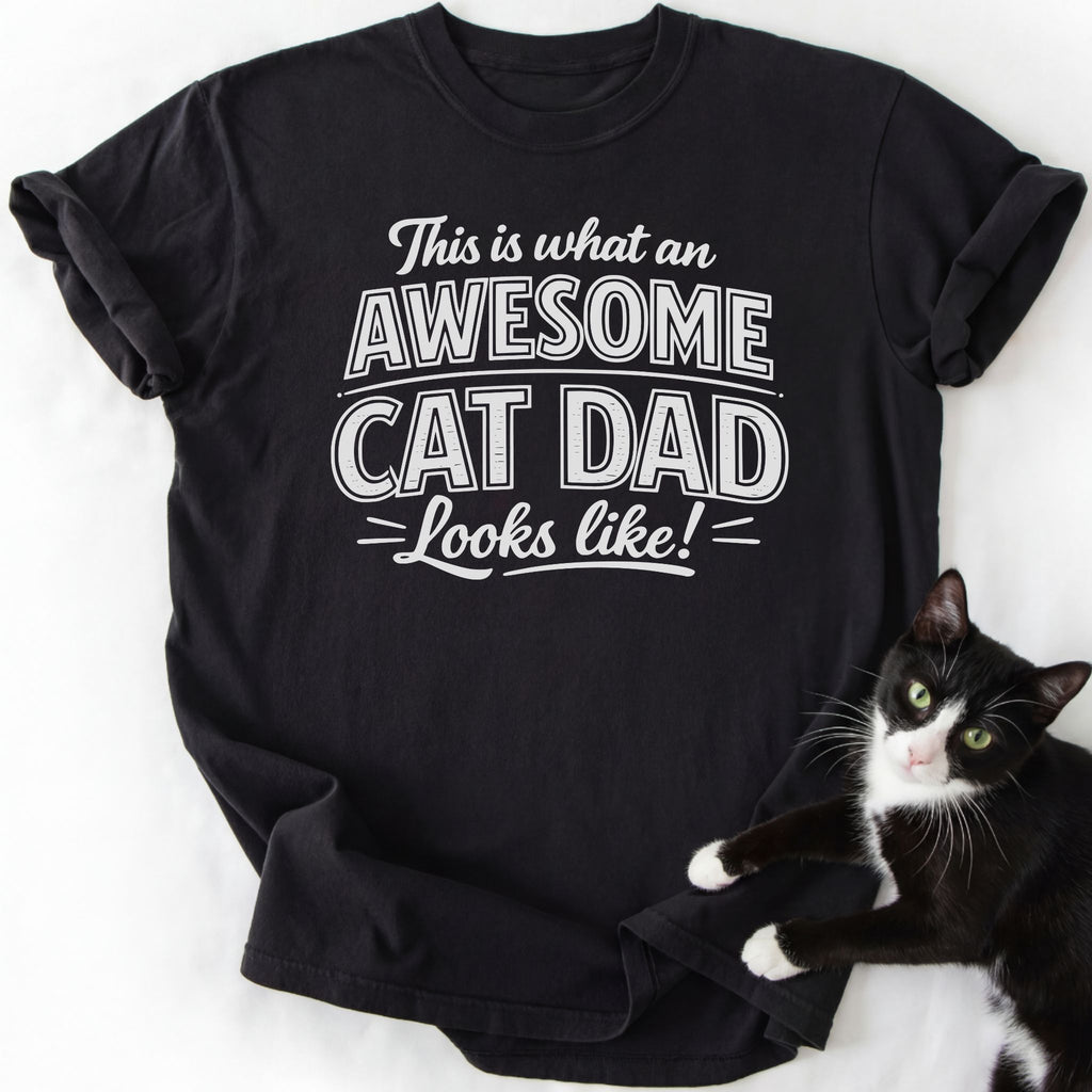 Black cat dad graphic tee with 'Awesome Cat Dad' text