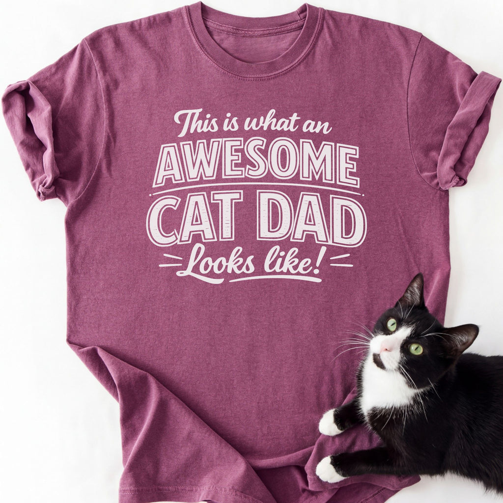 Maroon heathered cat dad graphic tee with 'Awesome Cat Dad' text